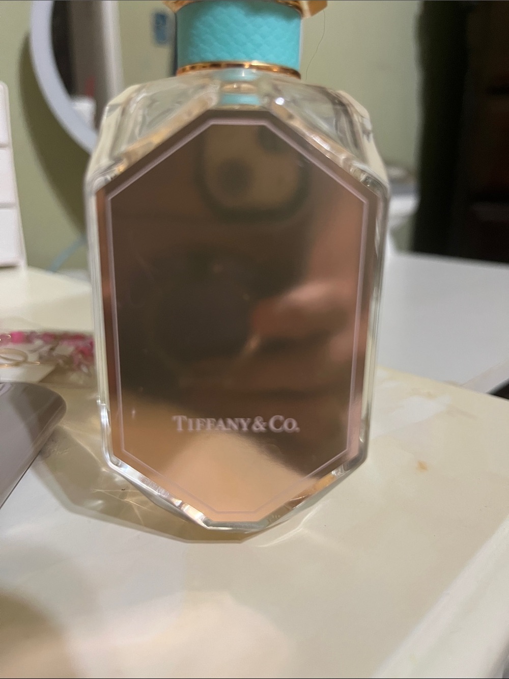 Tiffany & Co. Turquoise-Accented Glass Perfume Bottle with Rose-Gold Mirror Face